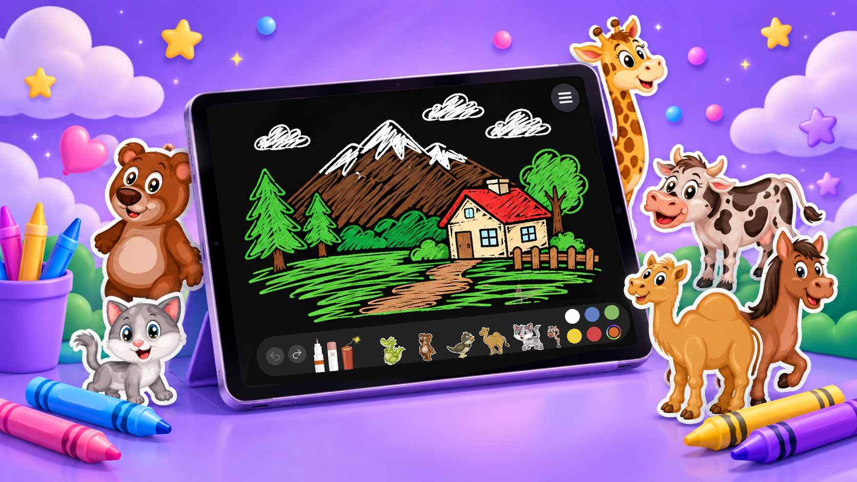 Marsam drawing experience on an iPad surrounded by colorful animal stickers and crayons