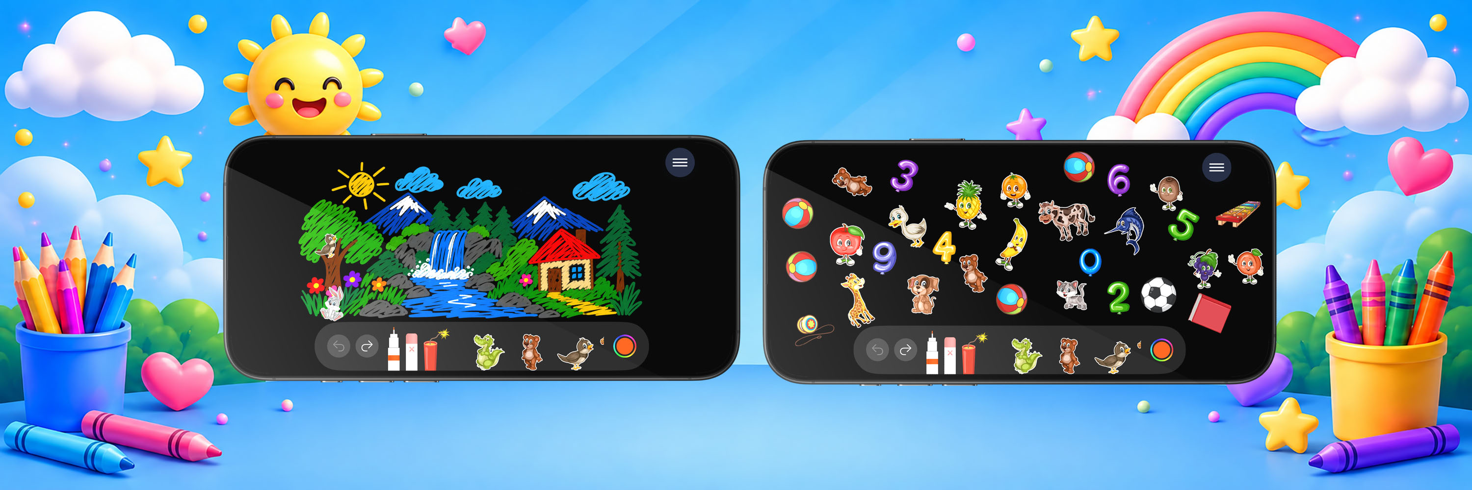 Marsam displayed on two devices with colorful drawings, stickers, pencils, crayons, and a rainbow